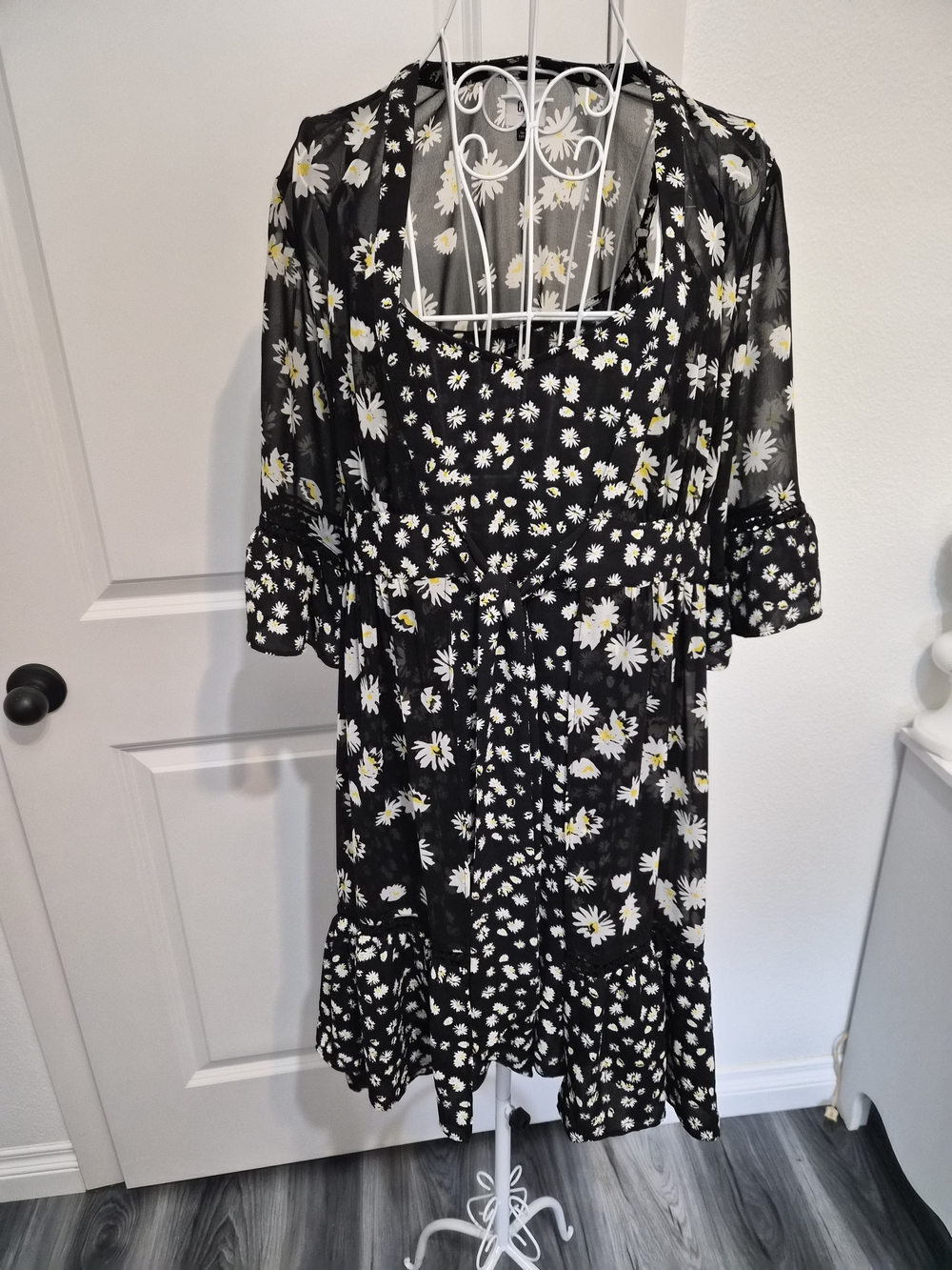 CAbi Black Daisy Midi Dress with Puff Sleeves